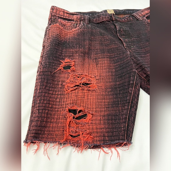 PRPS Denim Button Fly Shorts Barracuda Size 42 Red Black Distressed - Picture 3 of 12
